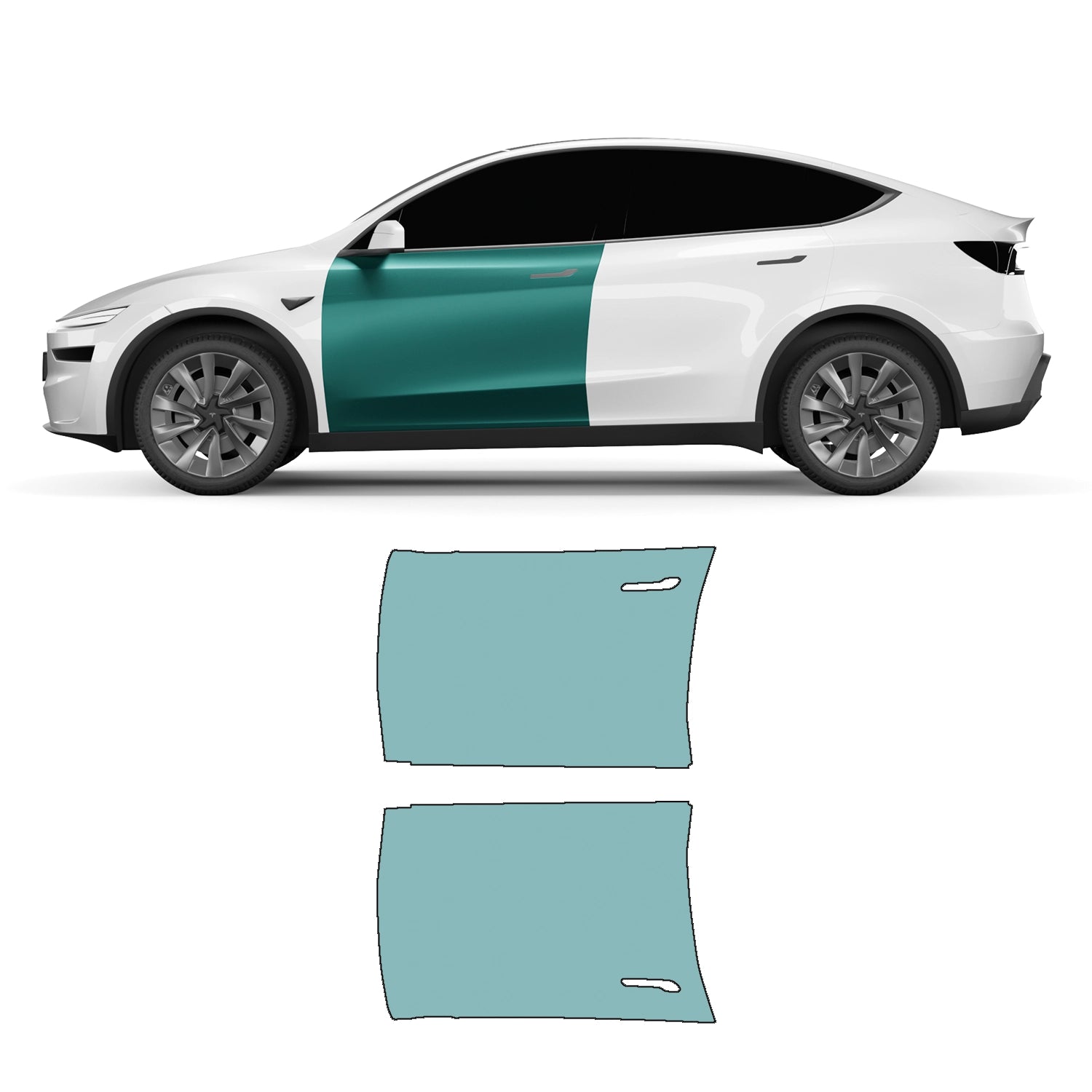 Paint protection film cut contours for the front doors on the Model Y Juniper