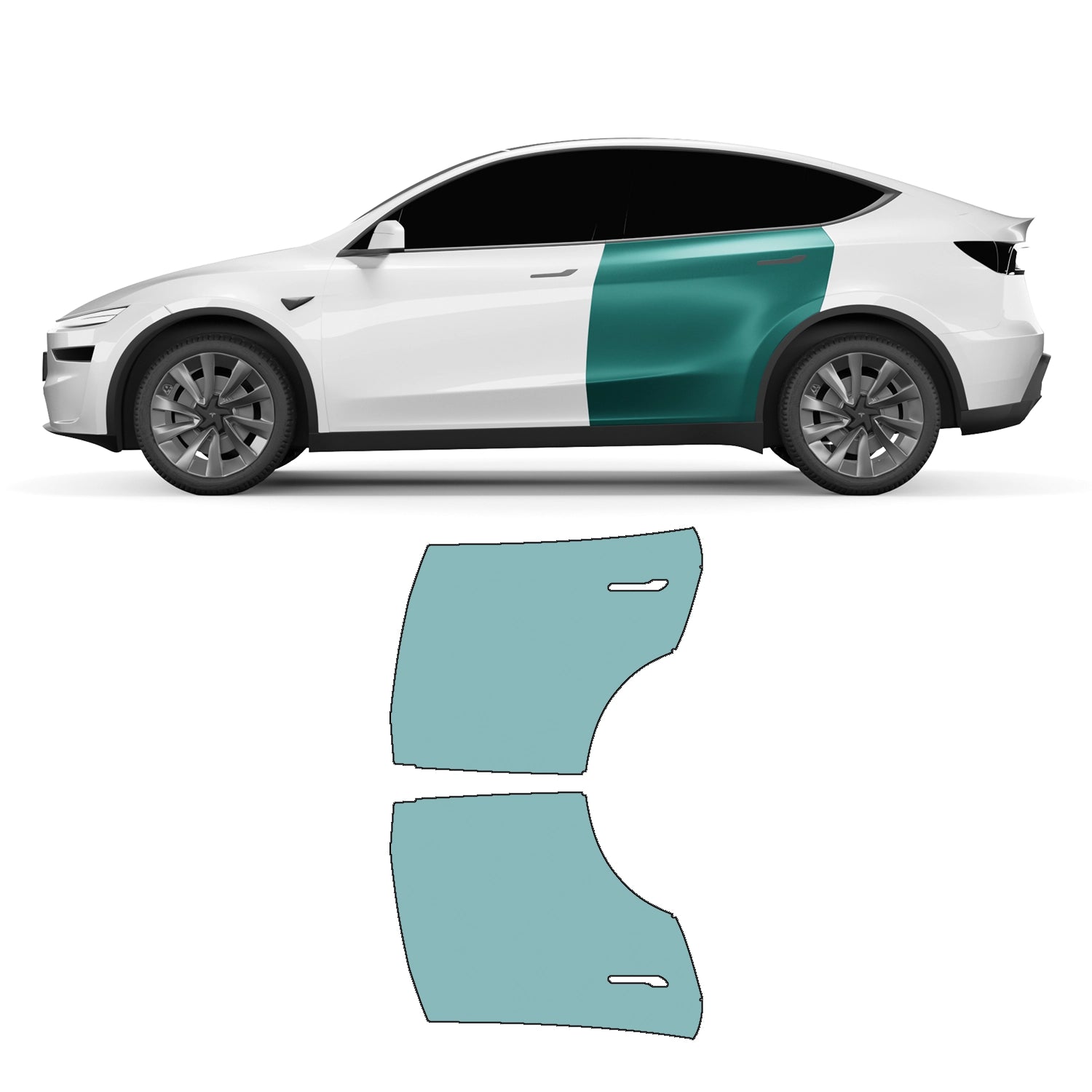 Paint protection film cut contours for the rear doors on the Model Y Juniper